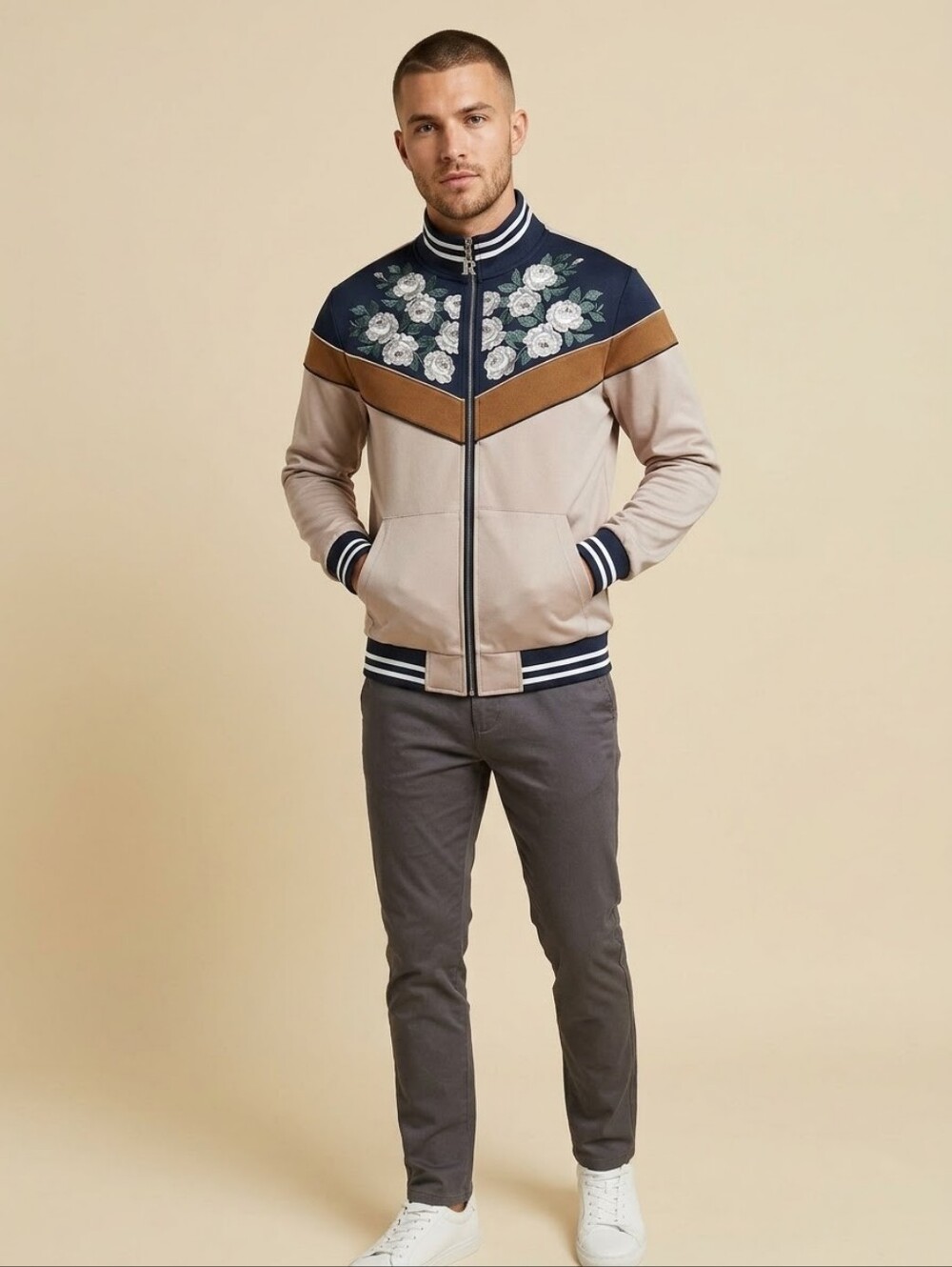 Reason NYC Mens Medium Jardin Floral Embroidered Track Jacket Tan Navy Bomber